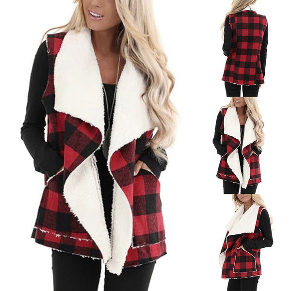 

Women lapel plaid cardigan pocket fleeced ve t coat irregular leevele jacket open front blou e outwear wai tcoat tank coat ljja3339 11, Black;white