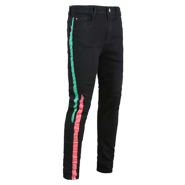 

men slim jeans printing painted casual slim denim fashional pants middle waist high quality, Blue