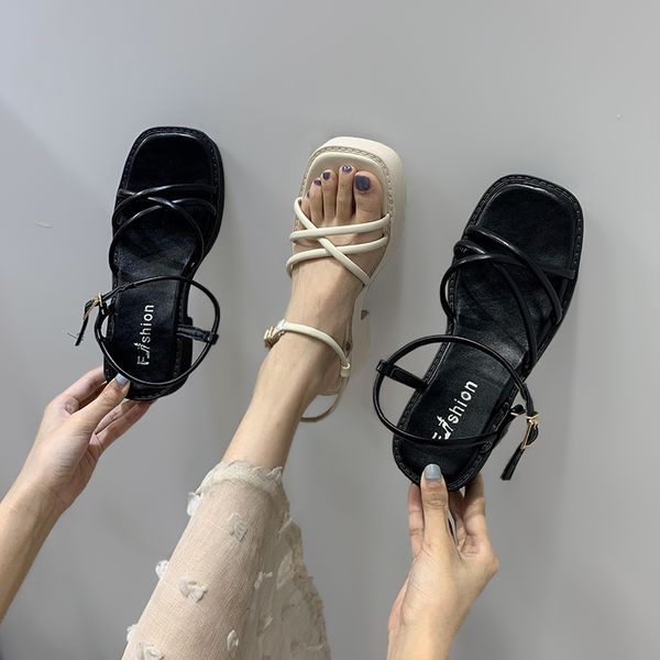 

sandals straps 2020 summer comfort shoes for women with heel suit female beige women's heels all-match muffins shoe lace, Black