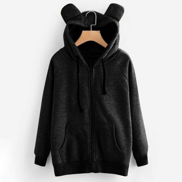 

women sweatshirts winter loose women solid color cat ear zipper pocket hoodies fashion long sleeve casual sweatshirt pullover, Black