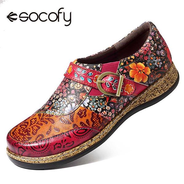 

socofy vintage buckle genuine buckle fancy flowers splicing genuine leather stitching slip on comfortable flat shoes, Black