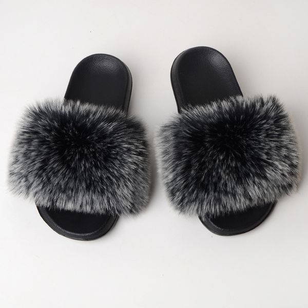 

solid color slides summer home furry flat sandals indoor faux fox fur slippers casual luxury fluffy flip flops tx04, Black