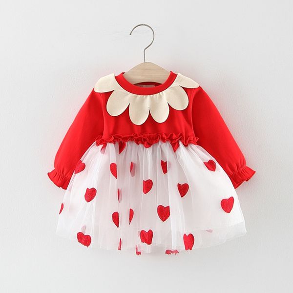 

toddler baby kids girls ruffles tulle patchwork love heart print dresses clothes, Red;yellow