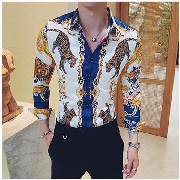 

luxury printing shirt men gold black white long sleeve camisa masculina chemise homme social men club prom shirt kemeja pria, White;black