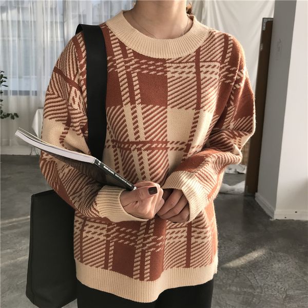 

hzirip new autumn winter women pullovers sweater formal vintage thick warm knitting loose elegant casual plaid knit, White;black