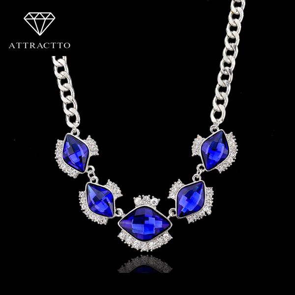

attractto 2019 new blue/white gems statement necklace for women chain vintage accessories luxury wedding party jewelry sne140360, Silver
