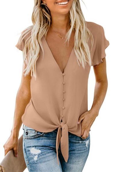 

green/black/pink forever tonight button down tie women v neck short sleeve chiffon chic button down front blouse, White