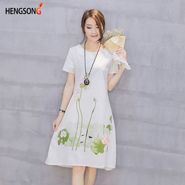 

2018 Summer Dress Chinese Style Cotton Linen Dress Women Floral Print Casual Maxi Knee-Length Beach Sundress Vestido