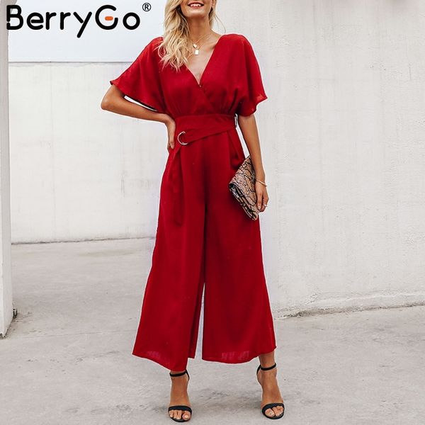 

berrygo red ruffle sleeve jumpsuit women deep v neck spring 2019 jumpsuit elegant sash wide leg casual streetwear, Black;white