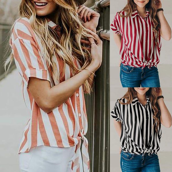 

aesthetic 2019 korean clothes women's casual short sleeve striped tie t-shirt blaouse with buttons tee shirt femme sexyÂ top, White