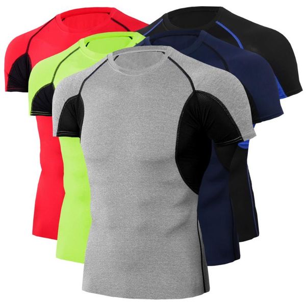 

men's pro tight short-sleeved t-shirt men's fitness sports running training stretch quick-drying t-shirt clothes, Black;blue