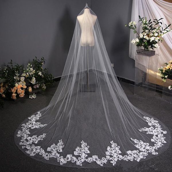 

White Ivory Voile Mariage 3 Meters One Layer Wedding Veil With Comb Lace Edge Bridal Veils Appliqued Cathedral Wedding Veil, Black