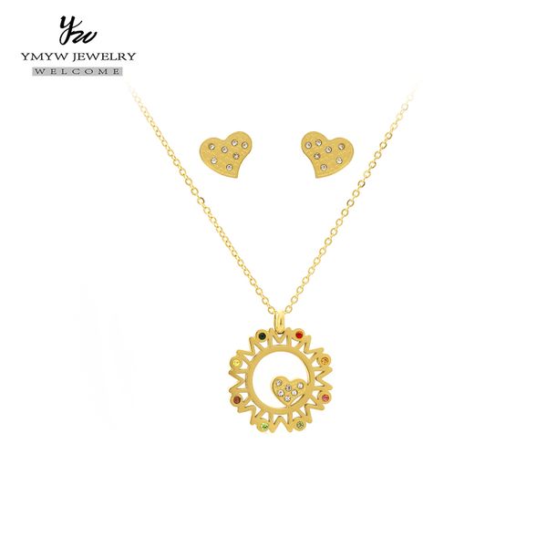 

ymyw stainless steel set jewelry for women gold chakra yoga necklace stud earrings pendant heart charm pendant brincos bijoux, Silver