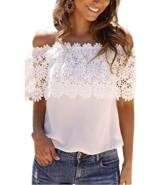 

off the shoulder for women fashion casual summer lace t-shirt tees camisetas feminina t shirts slash neck clothing lace plus size, White