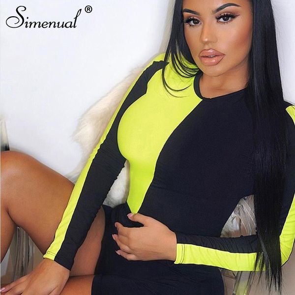 

simenual лоскутное повседневное женское неоновое боди bodycon мода с длинным рукавом комбинезон цвет блокирование мода one piece боди новый, Black;white