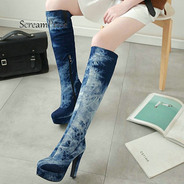

women platform thick high heel with side zipper knee high boots fashion round toe warm winter shoes blue dark blue, Black