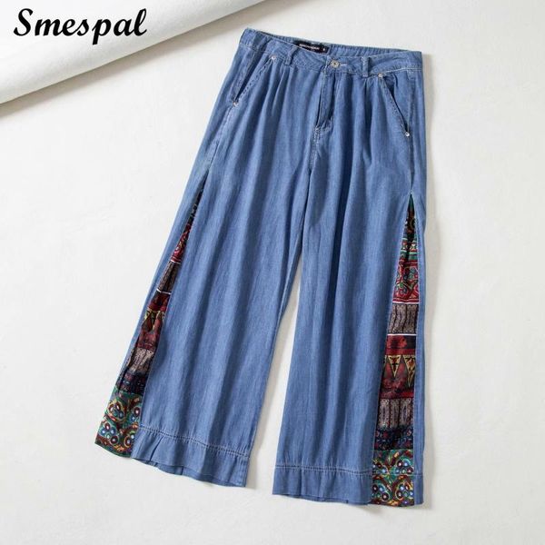 

women patch details high waist wide leg denim pants in mid wash blue