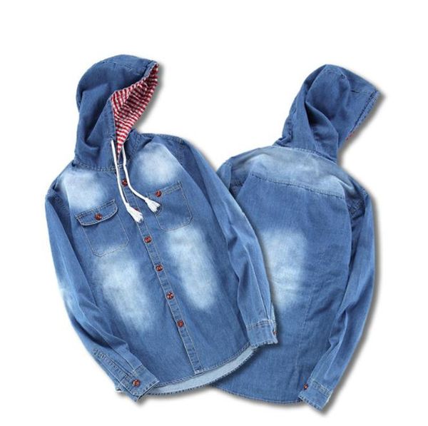 

Designer Mens Hooded Casual Shirt Denim Color With Red Striped Hat Lining Shirt Fashion Mens Clothes