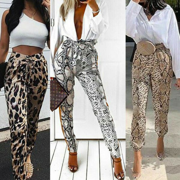 

women's leopard print slim long pants fashion new ladies high waist full length trousers, Black;blue