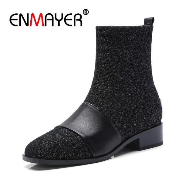 

enmayer women ankle boots size 34-40 causal high heels thick heel fashion boots round toe buckle shoes woman slip on gray cr1231, Black