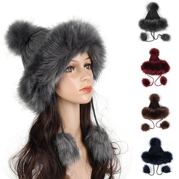 

faux fur hats women winter patchworks knitted cap big fur ball ear thicken warm out hats beanie 2020 new fall fashion, Blue;gray