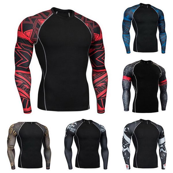 

men training exercise t-shirts running fitness printed patchwork sports gym running men compression o-neck tee t-shirts, Black;blue