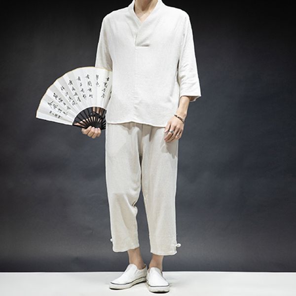 

incerun мужчины твердые цвета хлопок комплекты streetwear половина рукавом v шеи топы повседневные брюки мужчины китайский vintage summer ды, Gray