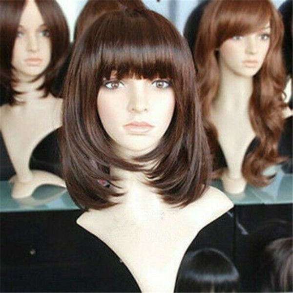 

fashion women short dark brown full wig natural straight synthetic hair wigs, Black
