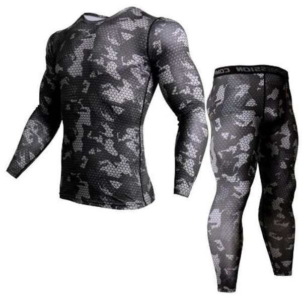 

2 piece tracksuit men compression mma long sleeve t shirt rashgard kit camouflage sweatshirt+leggings fitness thermal underwear, Black;white