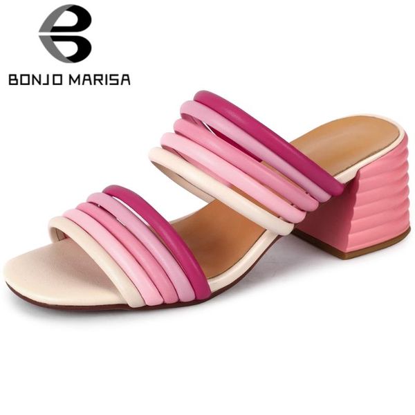 

bonjomarisa fashion lady натуральная кожа тапочки круглый носок конфеты цвет высокие каблуки тапочки женщина скольжения на обуви женщина, Black