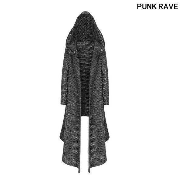 

gothic skin texture pu leather hoodie medium long loose women cardigan granular wool texture sweater coat punk rave wm-045kmf, Black