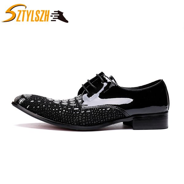 

luxury mens crocodile pattern bright patent leather shoes men dress shoes fashion male wedding men's flat oxford, Black