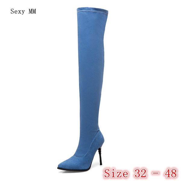 

spring autumn women over the knee boots denim high heel woman thigh high boots small plus size 32 33 -40 41 42 43 44 45 46 47 48, Black