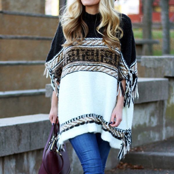 

womens long sleeve stripe color block tassel sweater knitted cloak blouse ropa de mujer oto o invierno 2019 women sweaters, White;black