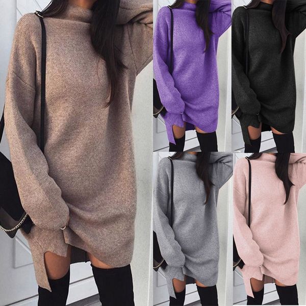 

women vintage solid sweater dress high neck autumn long sleeve turtleneck winter fashion dress split casual vestidos, Black;gray