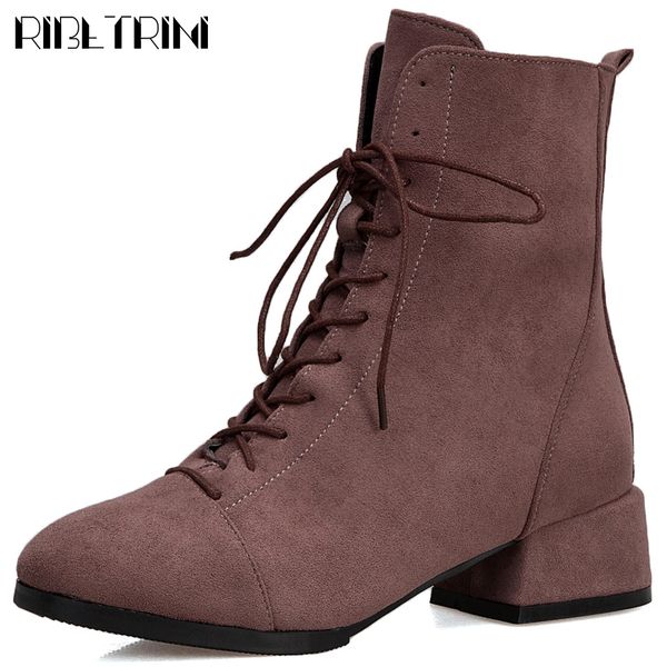 

ribetrini new elegant female lace-up shoes woman black flock ankle boots med chunky heels boots women