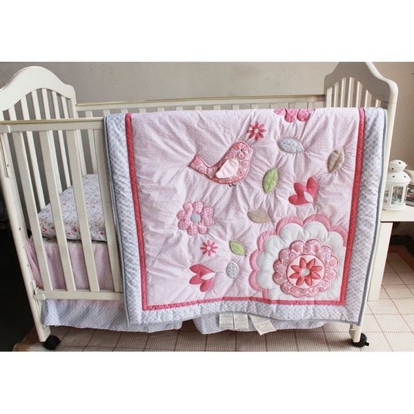 

baby girls 4 piece nursery crib bedding set pink/grey/white 3d applique birds embroidery 2020 new design cheep pretty