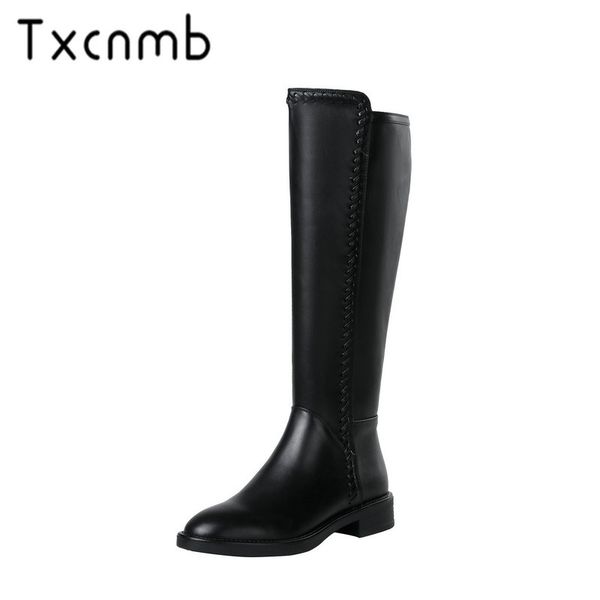 

txcnmb 2019 new arrival women knee high boots autumn winter warm genuine leather high heels shoes woman round toe punk boots, Black