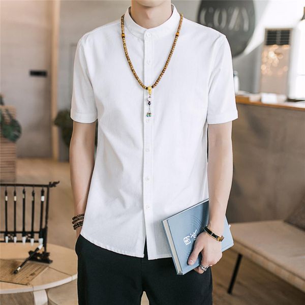 

mens casual linen shirt short sleeve collarless solid color clothing breathable leisure shirts clothes men plus size xxxxxl, White;black