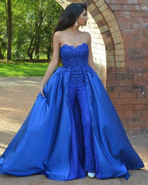 

royal blue jumpsuits prom dresses with detachable train lace strapless sweetheart beaded overskirt evening gowns elegant arabic formal 2018, Black