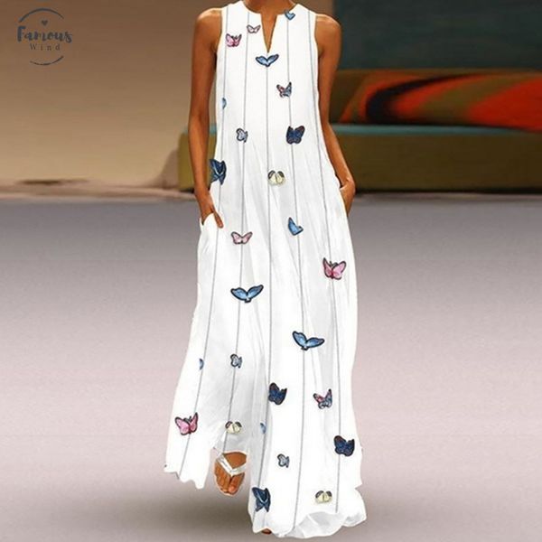 

2020 sleeveless butterfly printed dress women torridity pockets boho beach maxi dress casual loose v neck dress, Black;gray