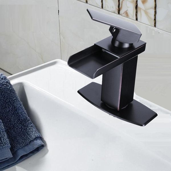 

deck mounted oil rubbed square faucets bathroom fixture single handle taps basin mixer taps bath faucets waterfall spout sink