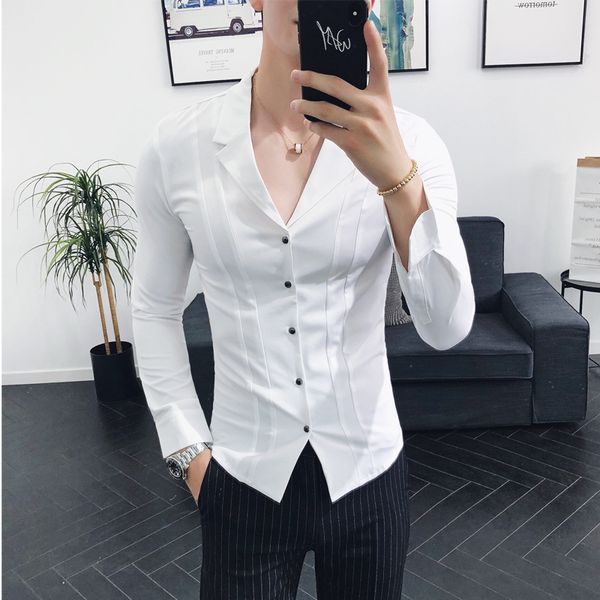 

2019 fashion men shirts long sleeve casual slim fit dress shirts v-neck streetwear formal social nightclub party tuxedo clothing, White;black