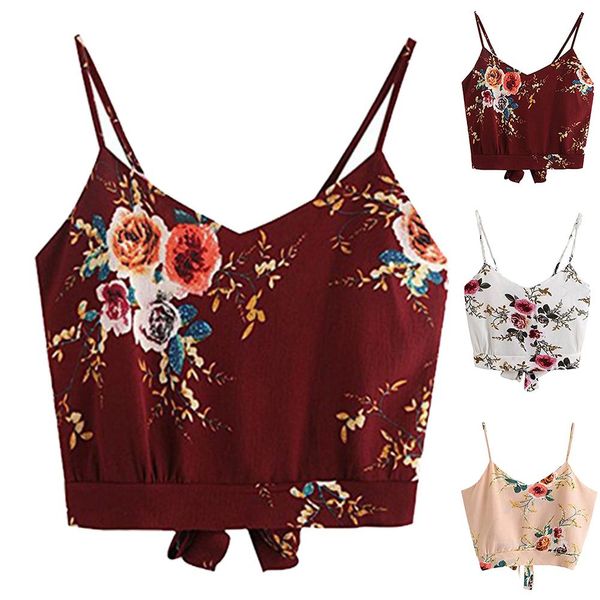 

lady floral print v neck sleeveless lace up vest spaghetti strappy tank top, White