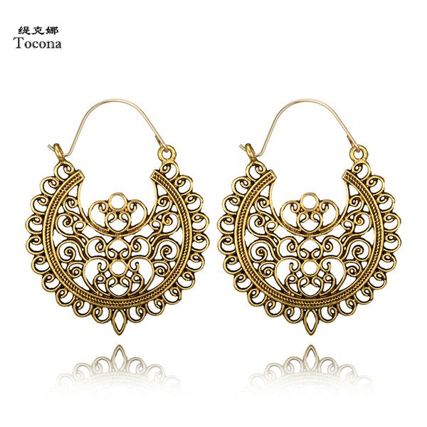 

tocona vintage antique gold silver black flower metal hoop earrings punk alloy earring brincos for women jewelry 5674, Golden;silver