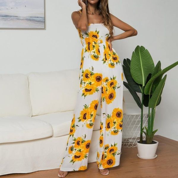 

women summer jumpsuit spaghetti straps sleeveless sunflower dot print long playsuit bow overalls for women rompers mujer, Black;white