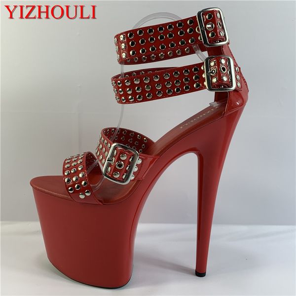 

20cm fashion high heel, easy buckle belt show thin shoe, lacquer rivet is decorated high heel performance sandal, Black