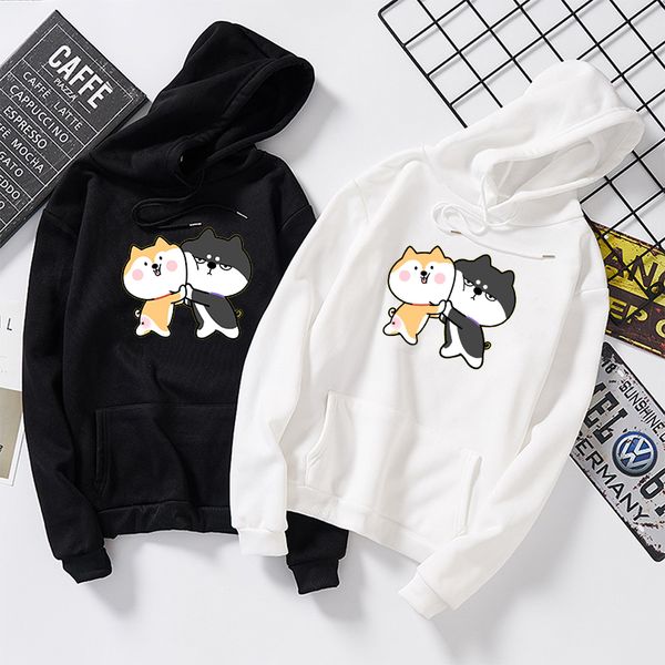 

fall winter women men pullovers harajuku kawaii shiba inu pattern print sweatshirt casual loose japanese streetwear hoodies, Black