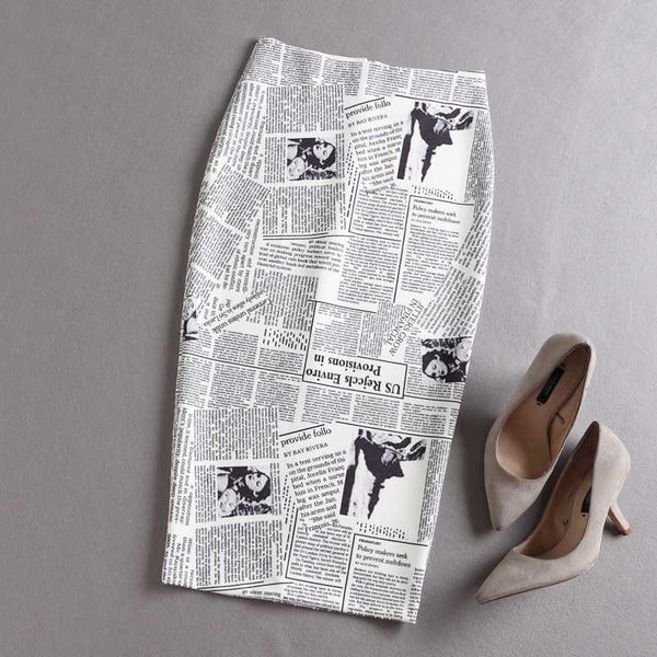 

black white newspaper print pleated high waist ladies pencil skirts