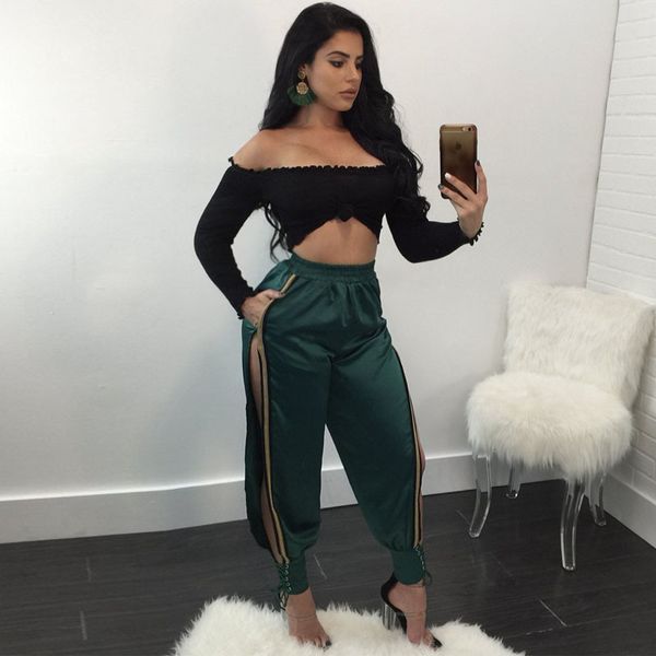 

women fashion 2018 casual women wide leg pants side stripe lace up palazzo pants hip hop baggy trousers38.53, Black;white